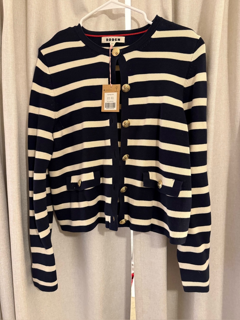 Boden Holly Knitted Jacket Navy Ivory Stripe Gold Buttons US 10
